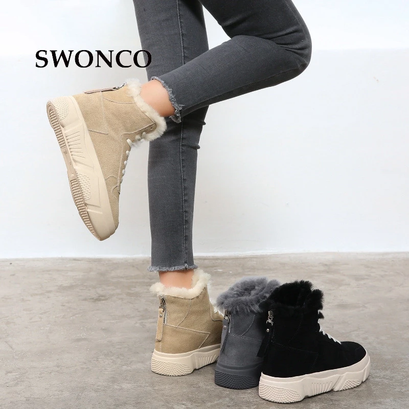 

SWONCO Women's Platform Ankle Boot 2018 Winter Genuine Leather Fur Wool Snow Boots Winter Women Boots Platform Woman Warm Shoes