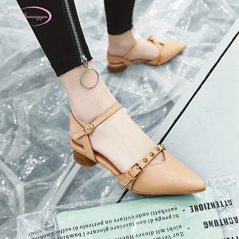 

Chinese street style sexy pointed toe summer sandals fashion rivet belt buckle beige apricot black low with women's shoes