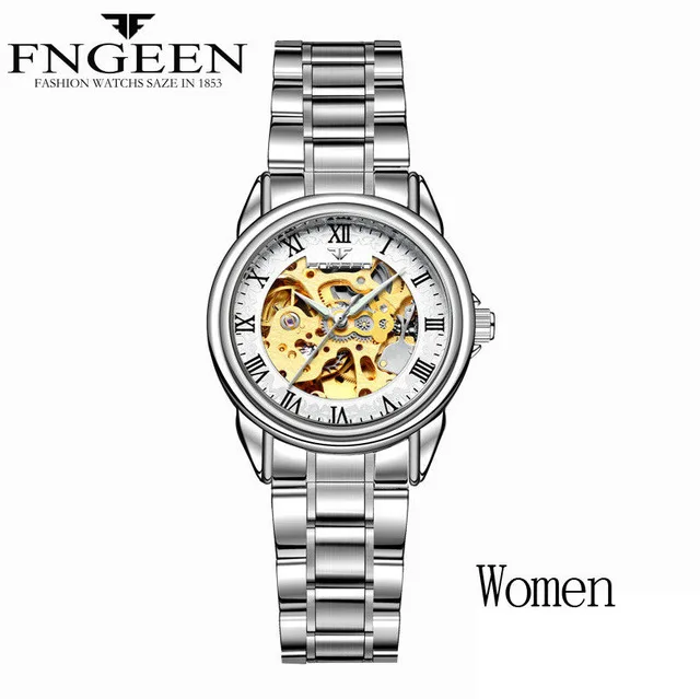 Парные часы Лидирующий бренд стальные механические наручные часы для мужчин и женщин Orologio Uomo Tourbillon Skeleton Relogio Feminino Saats - Цвет: Women Silver White