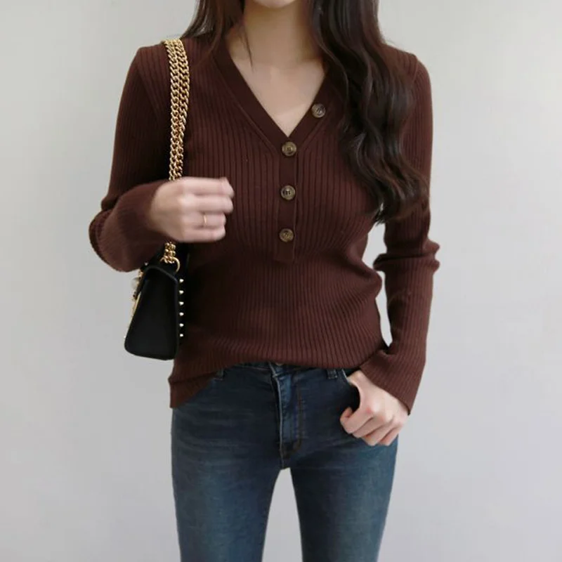 

Women Sweater Pullover Basic Skinny Knitted Tops Buttons V Neck Essential Jumper 2019 Autumn Fall Winter Long Sleeve Sweaters