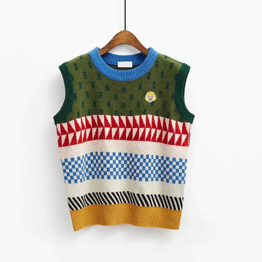 

New Korean Institute Wind Retro Color Patchwork Printed Cute Sweater Vest Womens Casual Round Neck Loose Knit Pullovers Jumpers