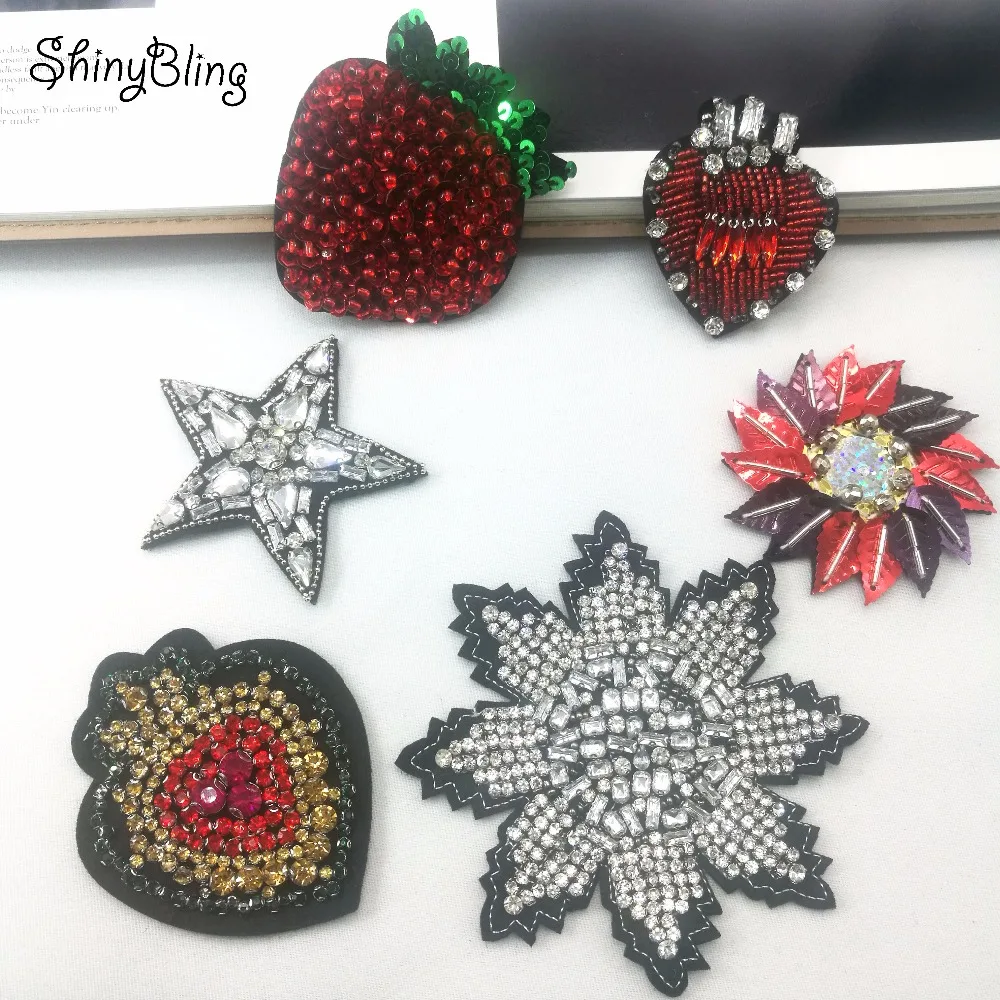 

3D Handmade Rhinestone beaded Patches HEART STAR Sew on sequin Crystal patch for clothing beading Applique cute patch