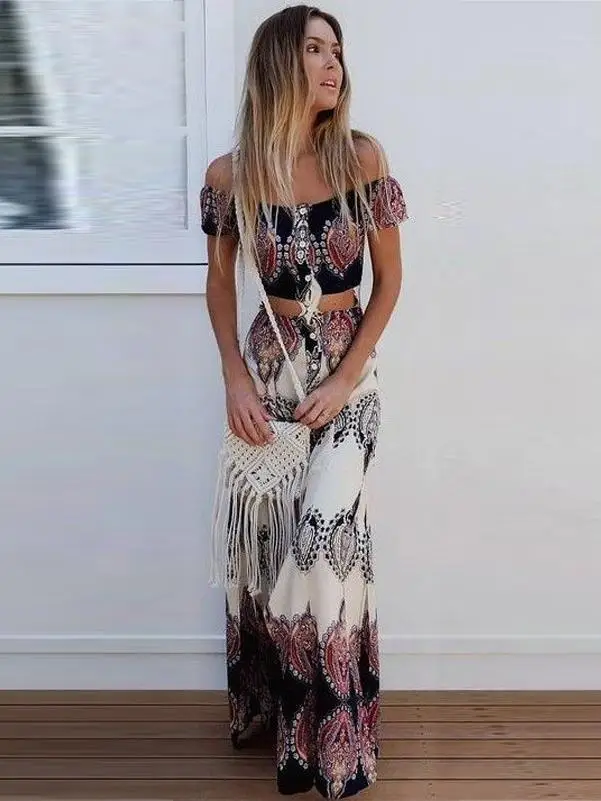 

Tops And Long Skirts Women Fashion Sets Bohemia Off Shoulder Sexy Print Boho Style Clothes