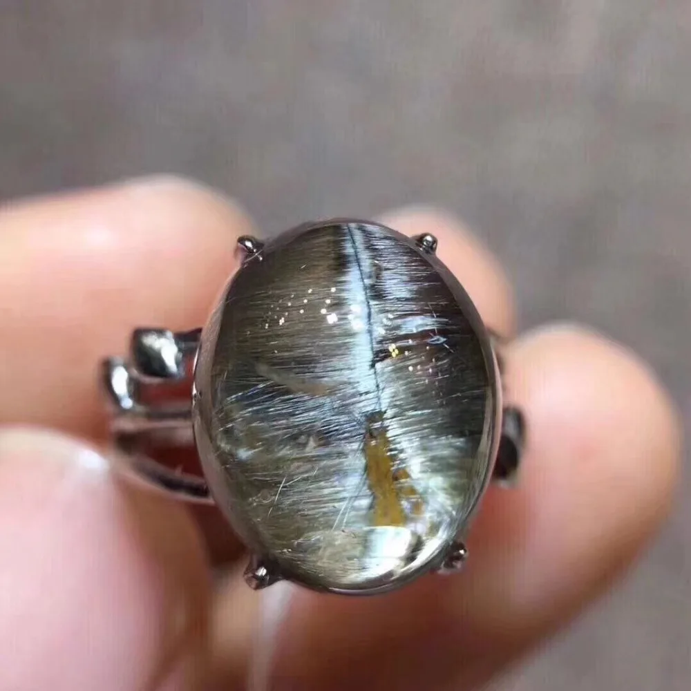 

13.5x11mm Natural Brookite Silver Rutilated Quartz Ring 925 Silver Sterling Metal Woman Man Crystal Adjustable Size Ring AAAAA