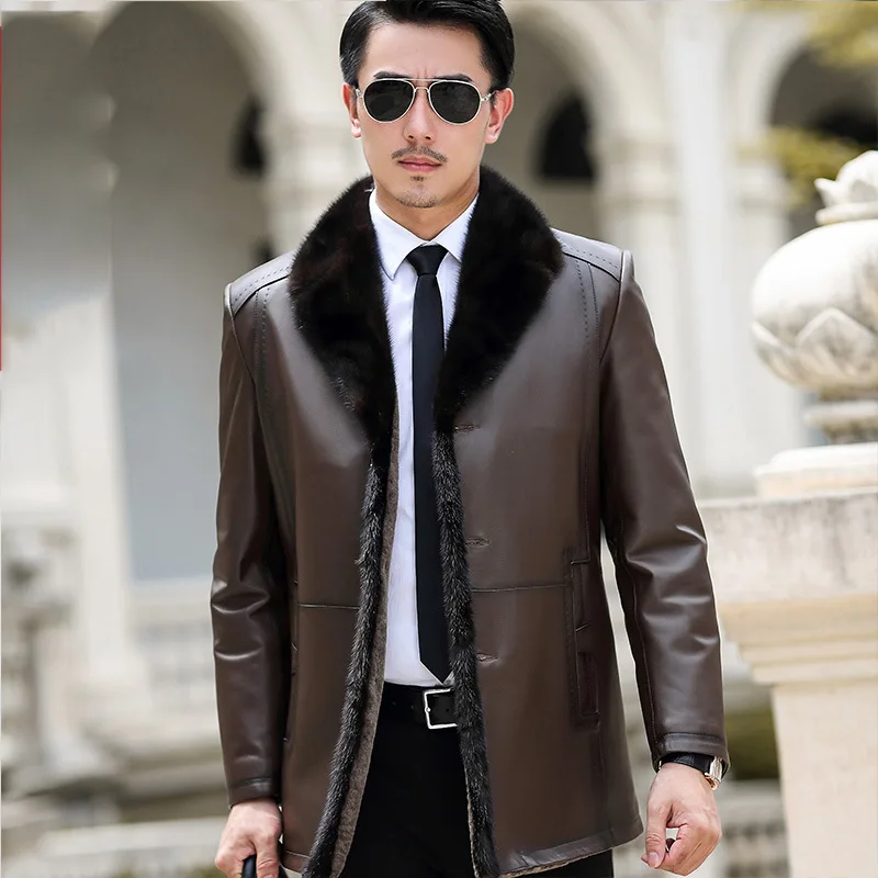 

Genuine Leather Jacket Mens Real Sheepskin Coat Wool Liner Mink Fur Collar Warm Down Coat for Men Jaqueta Couro 9820 YY383