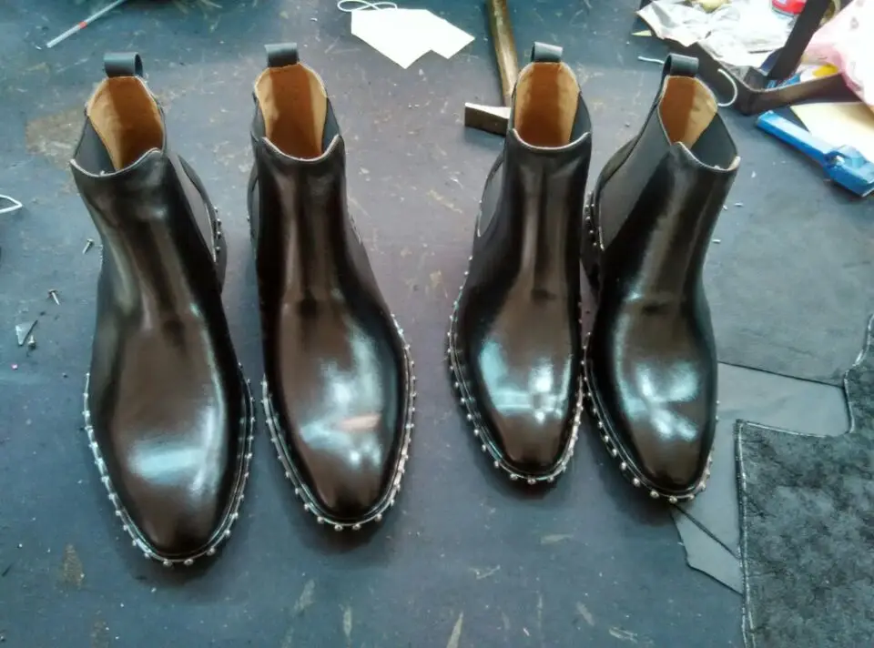 Black Chains Martin Boots Slip on Single Mens Western Patent leather