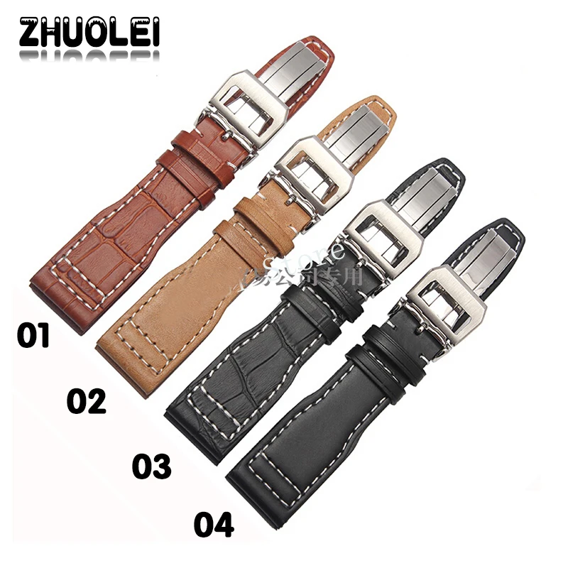 Quality Genuine Leather Watch bands 22mm Pilot Style Folding Buckle