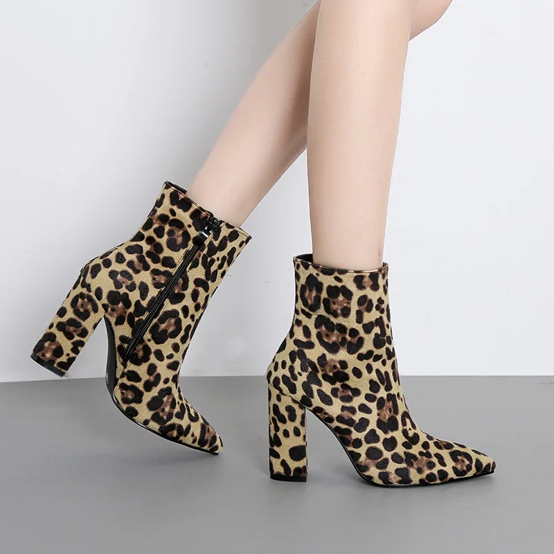 

2018 New Gladiator Women's Ankle Boots New Spring Autumn Leopard Print High Heel10CM Boots Ladies Casual Slip-on Short Boots