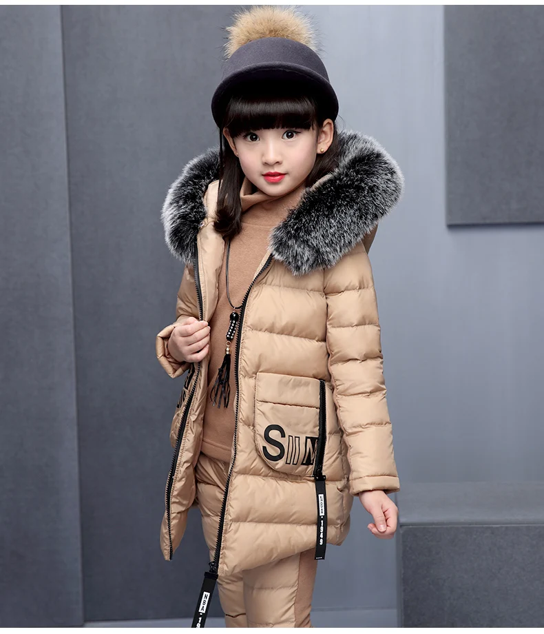 Комплекты одежды для девочек для русской зимы, теплый жилет с капюшоном, куртка+ теплый топ, хлопковые штаны, комплект из 3 предметов, хлопковое пальто с меховым капюшоном для девочек
