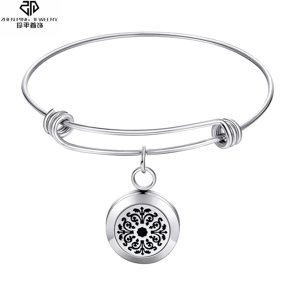 

Trendy Stainless Steel Adjustable Bangles Round Essential Oil Diffuser Locket Aromatherapy Jewelry Metal Cuff Bracelet