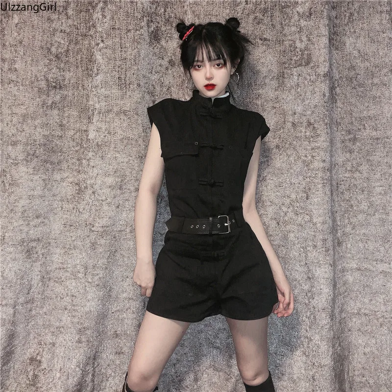 

Turtleneck Cheongsam Button Gothic Pocket Cargo Loose Playsuit Harajuku Streetwear Romper Jumpsuit Overalls Pant/Kpop Jogger Top