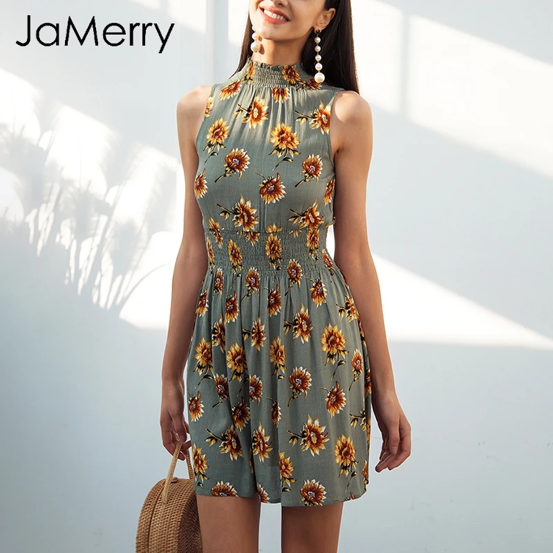

JaMerry Halter sexy sleeveless short dress women Floral print elastic waist summer dress Spring boho beach dress vestidos 2019