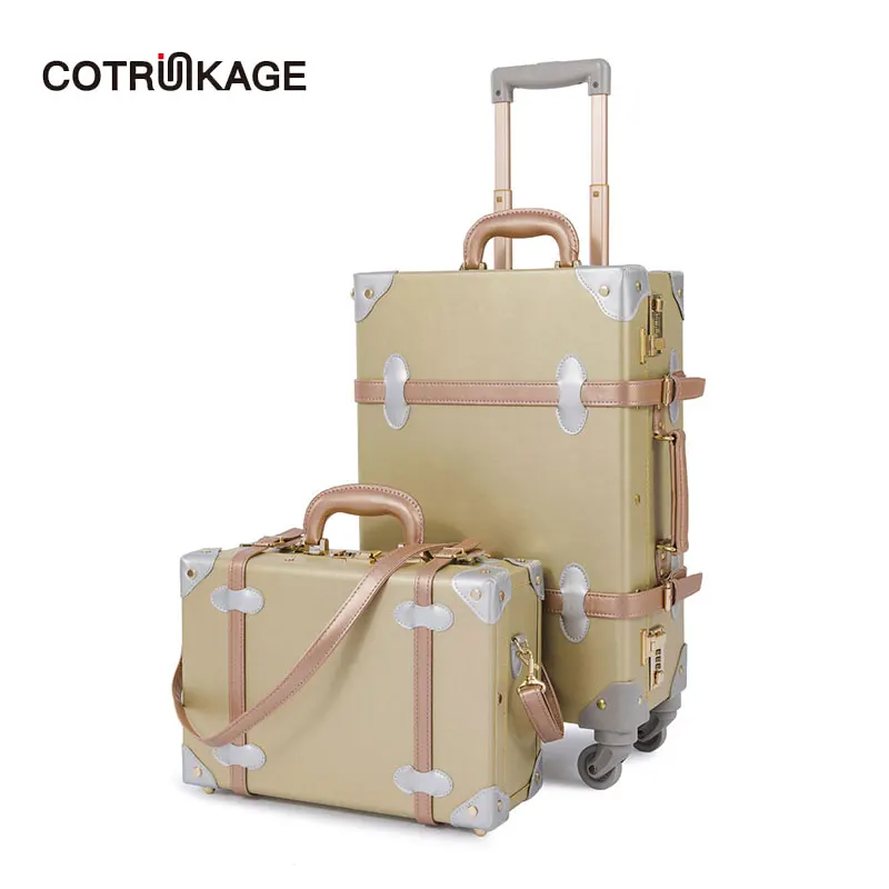 

COTRUNKAGE 2 Pcs Gold Retro Pu Leather Suitcase Women Trunk Vintage Luggages Girls Rolling Luggage Set with 13" Cosmetic Case