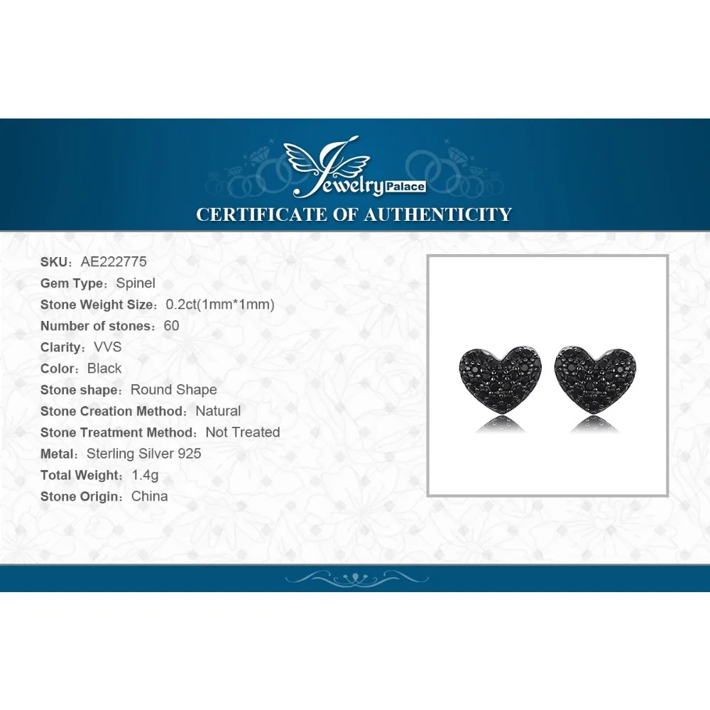 JewelryPalace модные 0.29ct естественным черной шпинели сердце любовь серьги для Для