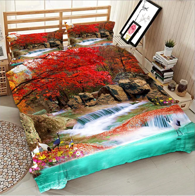 

Flowing water and stones under the red maple leaf 3d effect photo bed linen can be customized photo pattern