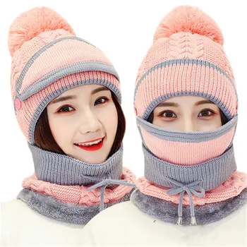 Herfst Winter vrouwen Hoed Caps Gebreide Wol Warme Sjaal Sets Dikke Winddicht Bivakmuts Multi Functionele Muts Sjaal Set Voor vrouwen