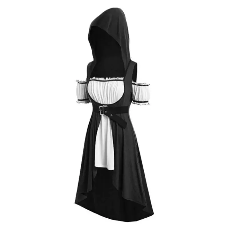 

Summer Elegant Vintage Gothic Chic Black Plus Size Women Dresses Casual Hooded Pleated Hollow High Waist Female Fashion Dress