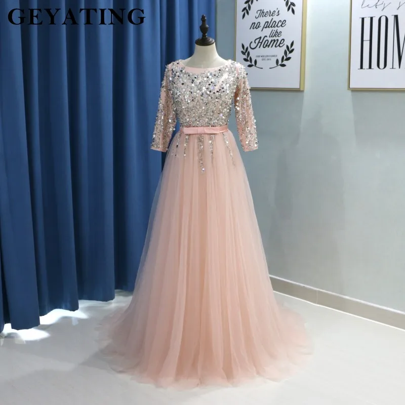 

Pink Muslim Evening Dress With 3/4 Long Sleeves Saudi Arabic Crystal Beaded Party Dresses 2019 Long Women Formal Evening Gowns