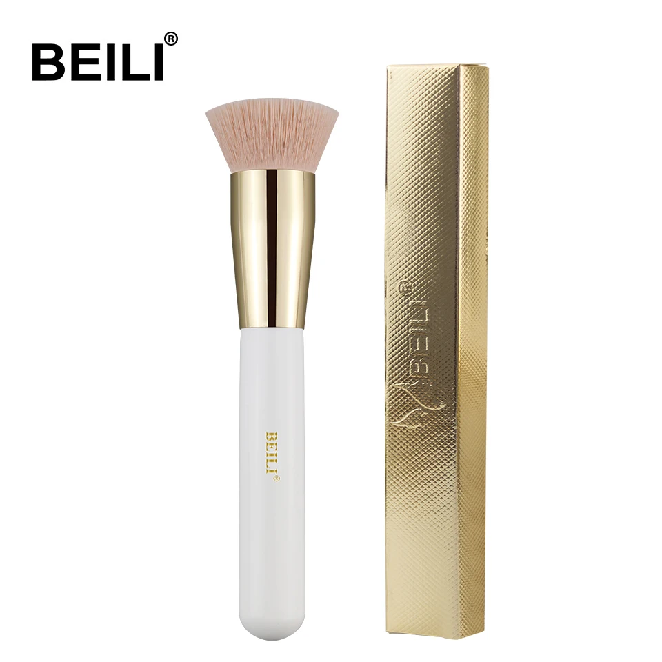 BEILI 1 piece Pearl White Makeup brush Nano wool fiber Hair Flat Foundation powder brush Handle golden ferrule