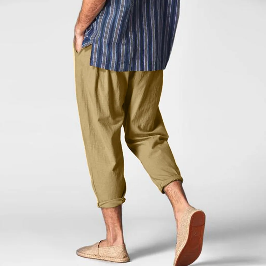 Мужские повседневные свободные штаны из хлопка и льна, повседневные шаровары, шаровары L0508