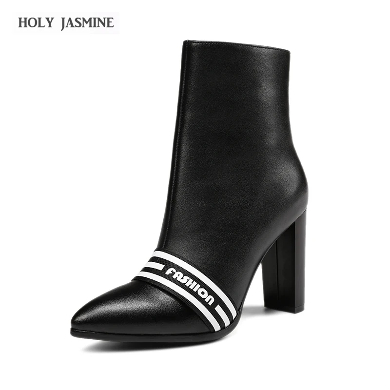 

Hot sale 2017 New Women Ankle Boots Winter Genuine Leather Thick Heel 9 cm High Heels Black Platform Round toe Square Heel Shoes
