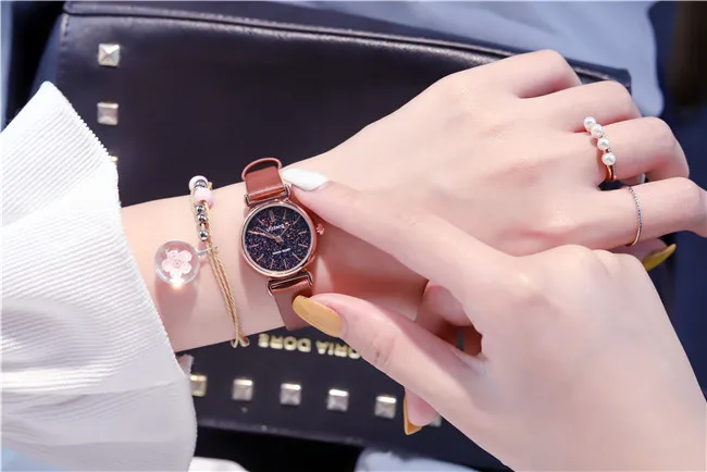 Роскошные цвета звездное небо женские часы-браслет модные золотые маленькие женские наручные часы элегантные женские кварцевые кожаные часы