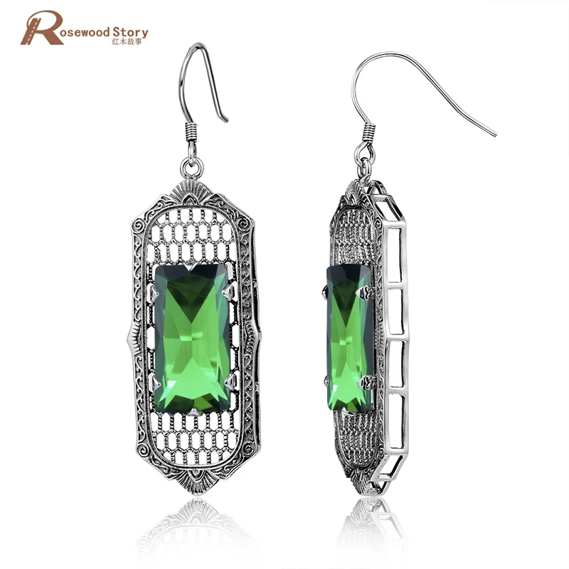 

Soild 925 Sterling Silver Classic Vintage Big Drop Crystal Earrings Green Rhinestone Luxury Bridal Wedding Earrings For Women