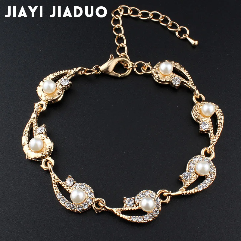 

Jiayijiaduo Simulation Pearl Bracelet Ladies Gold Color Link Chain Crystal Bridal Wedding Jewelry Bracelet and Bracelet 802