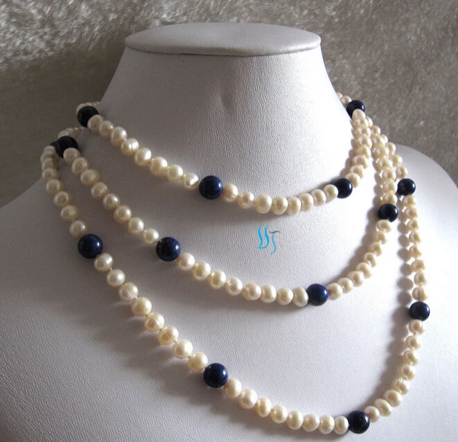 

RHJ0042 50" 5-8mm White Pearl Lapis Lazuli Freshwater Pearl Necklace