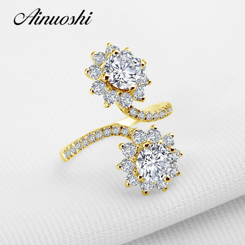 

AINUOSHI 10k Solid Yellow Gold Women Wedding Ring Fashion 2 Main Stone Simulated Diamond Jewelry Brilliant Party Ring Bague
