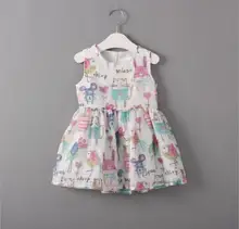 2016 Summer Girls Cartoon Animal Graffiti Drawing Dress Children Sleeveless Vest Dresses Baby Cotton Party Mini