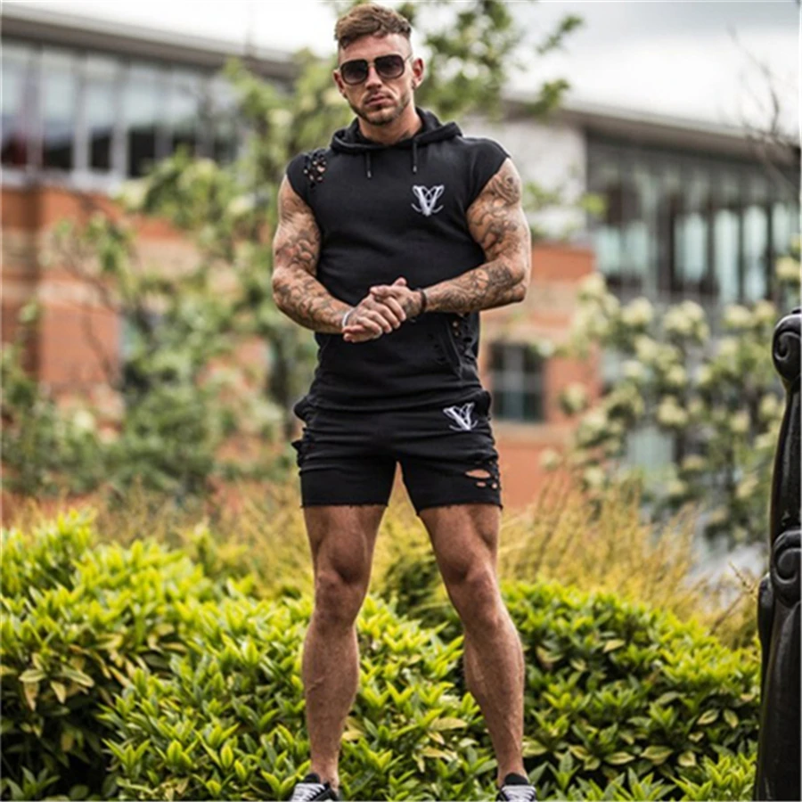 sporting slim fit sets mens Jogger Fashion broken design tracksuit Men's Sportwear Suit Hoodies+shorts Tracksuit Set Male