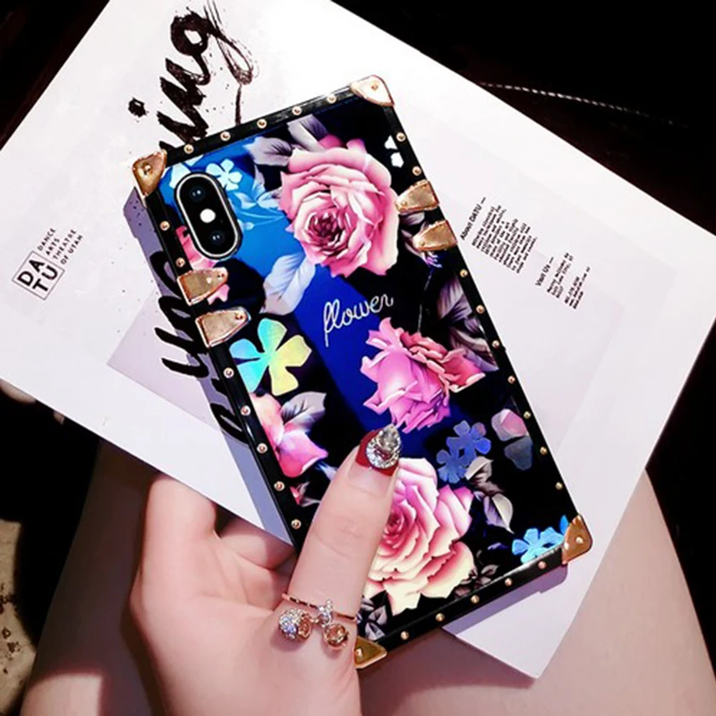 

Fashion Blu-ray Camellia Rose Flower Square Metal Flower Back Cover For iphone X 6 6s 7 8 Plus XS MAX XR beautiful Phone Case