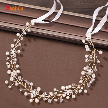 

Gold Bridal Chain With Pearls Crystals Wedding Headbands New Hand-made Sash For Brides Hairband T121