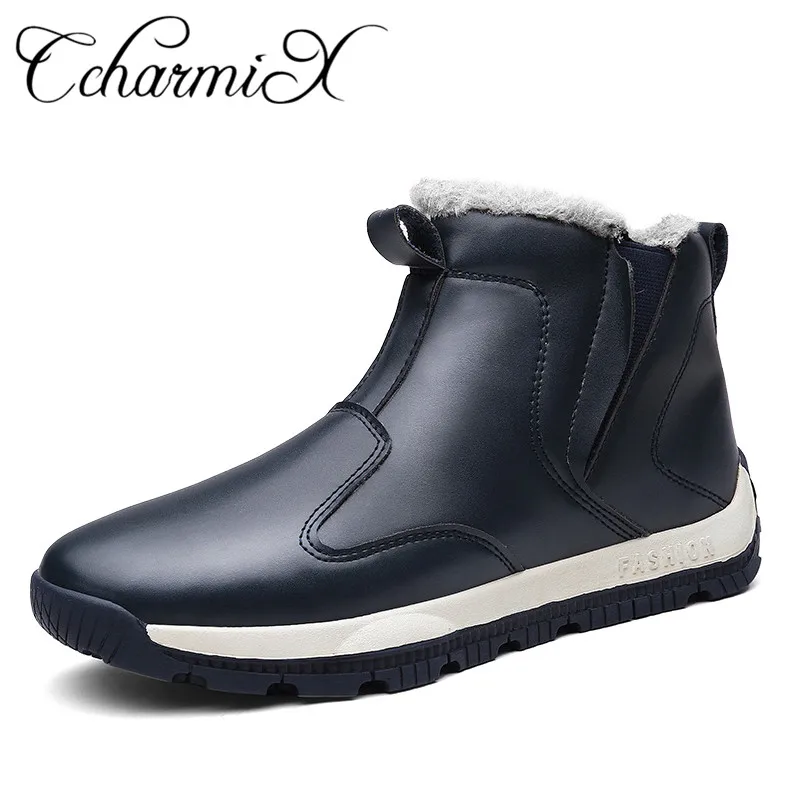 

CcharmiX Winter Boots Men Outdoor Antiskid Men Leather Boots Top Side Slip On Warm Mens Snow Boots Rainboots Men Plus Size