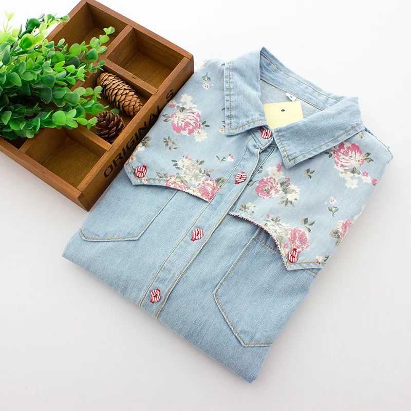 Autumn Denim Blouse Plus Size 4XL Women Loose Tops Flower Print Patchwork Jeans Blouses Long Sleeve Vintage Shirts Blusas AB327 3