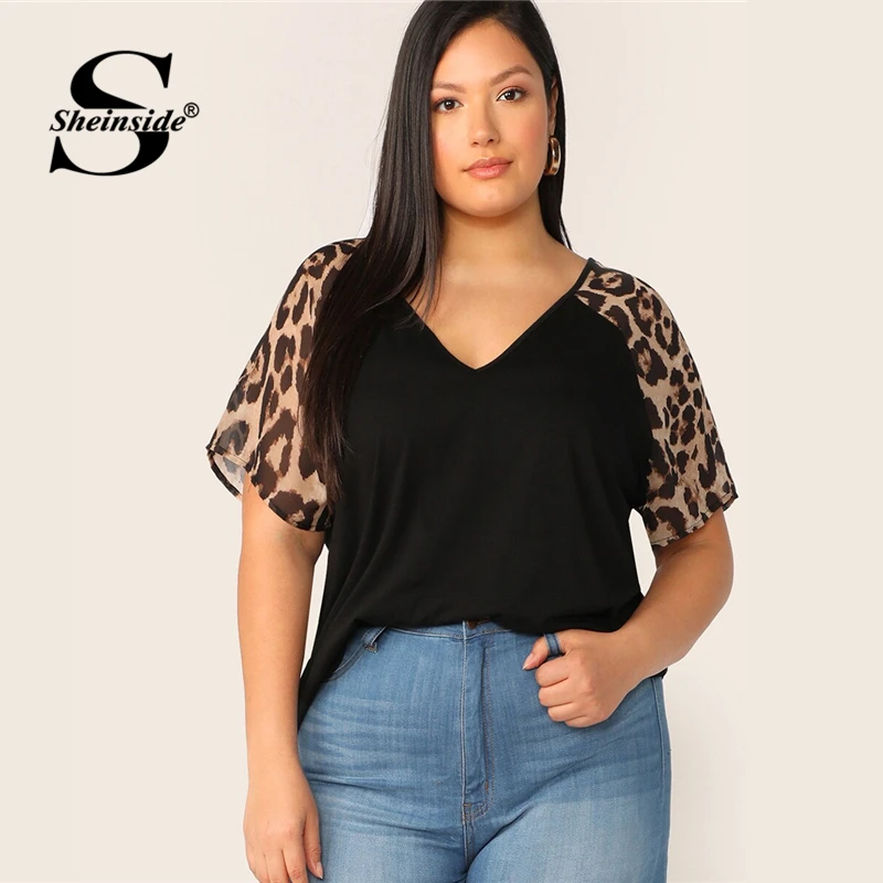 Sheinside Плюс Размер Повседневная футболка с леопардовым принтом и рукавом реглан для женщин летняя футболка с коротким рукавом Женская Лоскутная футболка с v-образным вырезом