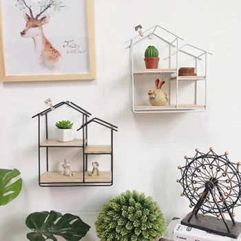 

House shape Wooden Shelf Metal Wall Hanging Shelf Office Sundries Art Storage Rack Home Decorative Shelf Holder Racks 1PC