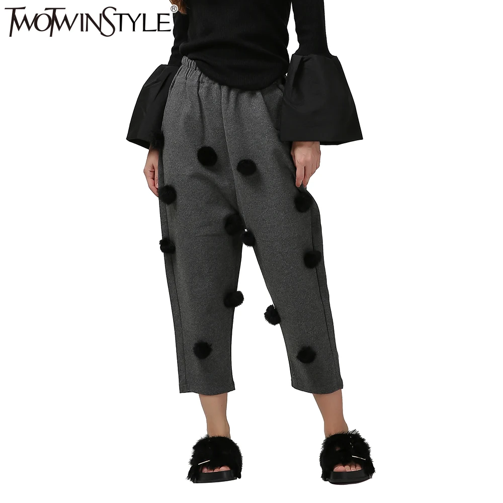

[TWOTWINSTYLE] Autumn Real Rabbit Fur Ball Casual Harem Pants Women Loose Gray Black Fleece Trousers New Fashion Clothing
