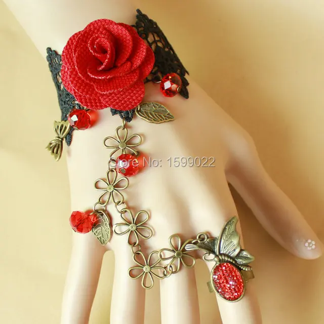 

Vintage Lace Bracelet Black for Women Antique Bronze Chain Butterfly Red Rose Flower Ornament Fashionable Hand Accessories