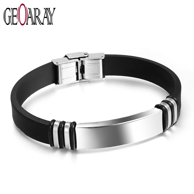 Geoaray Trendy Male Black Rubber Silcone Bracelet For Men Silver