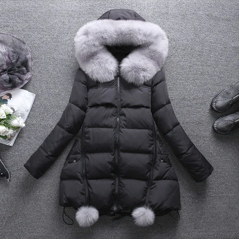 

2018 Autumn Winter Fashion A-line Women Wadded Jackets Medium-long Fox Fur Collar Hooded Outwear Female Down Jackets Coats
