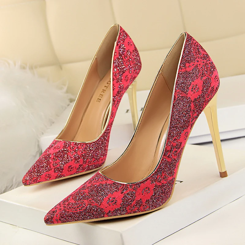 

BIGTREE high heels stiletto lace bling pumps women shoes party talon femme fashion sexy zapatos de mujer shallow szpilki damskie