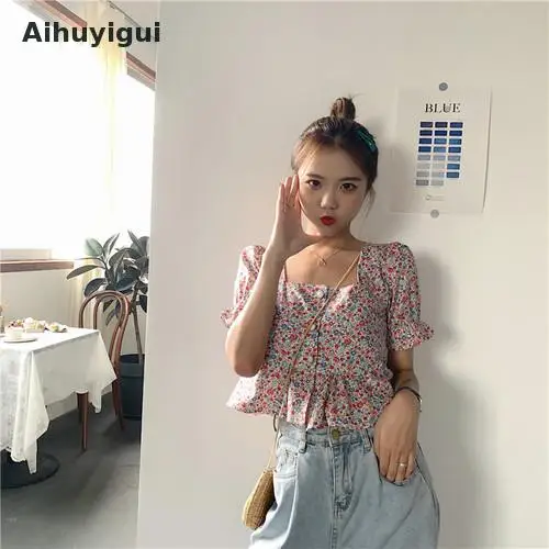 

Aihuyigui 2019 Summer Vintage French Square Collar Floral Print Shirt Top Women Short Sleeve Loose Square Callar Shirt Ru173