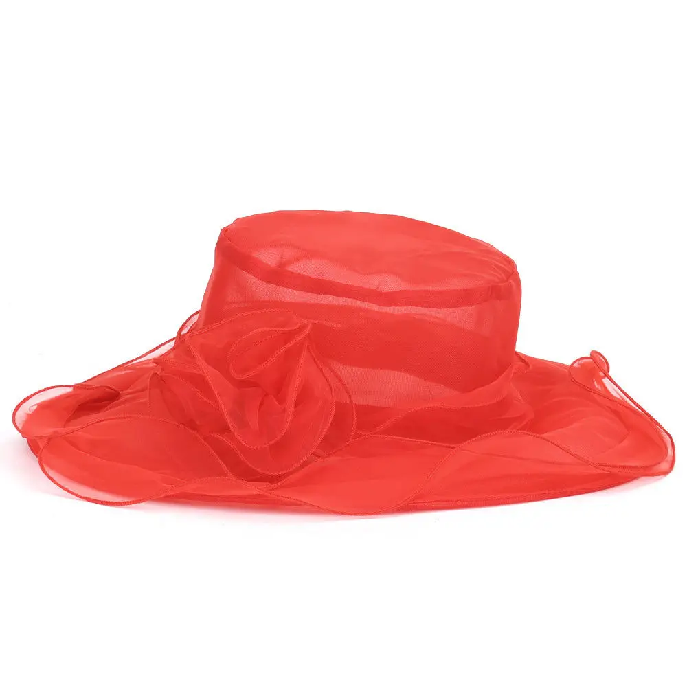 Модная женская свадебная формальная церковная органза шляпа с широкими полями Fedoras - Цвет: Красный