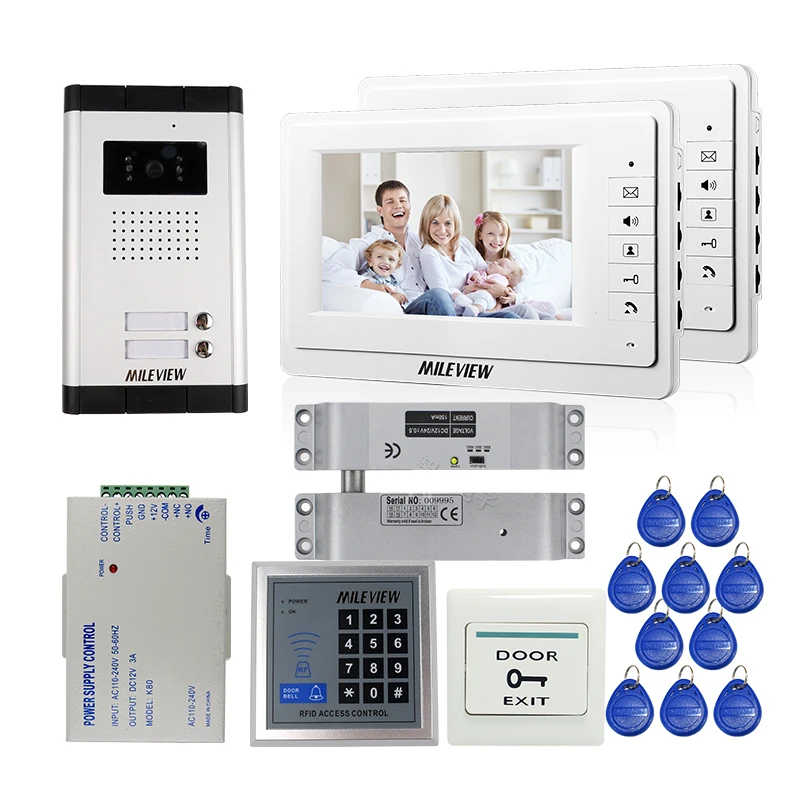 

FREE SHIPPING 7" Video Intercom Apartment Door Phone 2 White Monitors Outdoor Camera RFID Access for 2 Family + Drop Bolt Lock