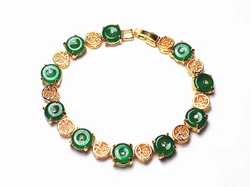 

Koraba 14k Yellow Gold Plated Women Green Jade Gemstone Coin Beads Chain Healing Jewelry Bracelet