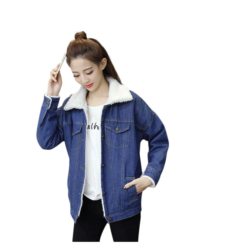 

Spring Autumn Winter New 2019 Women lambswool jean Coat With 4 Pockets Long Sleeves Warm Jeans Coat Outwear Wide Denim Jacket