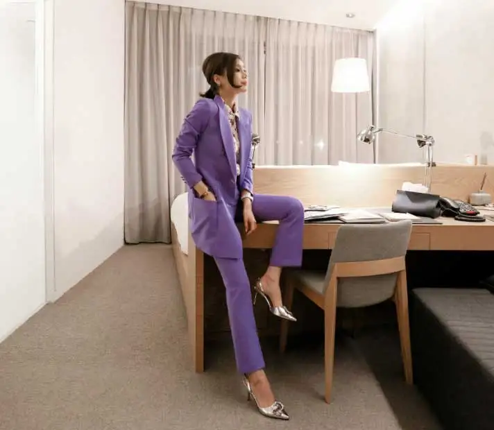Autumn New Women's Pants Suit Double-breasted Notched Full Sleeve Pockets OL Elegance Style Two Piece Sets Hot Sale S96007D - Цвет: Purple
