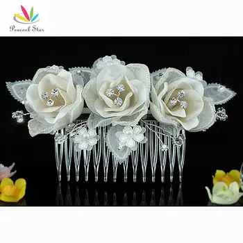 

Bridesmaid Bridal Wedding Party Handmade Ivory Fabric 3D Rose Crystal Hair Comb CT1485